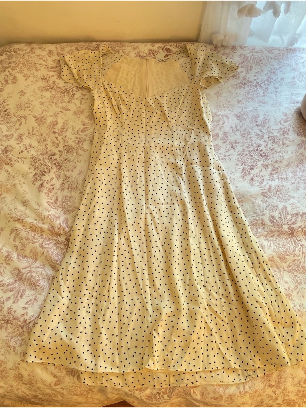 Reformation Cream Midi Dress with Navy Polka Dots